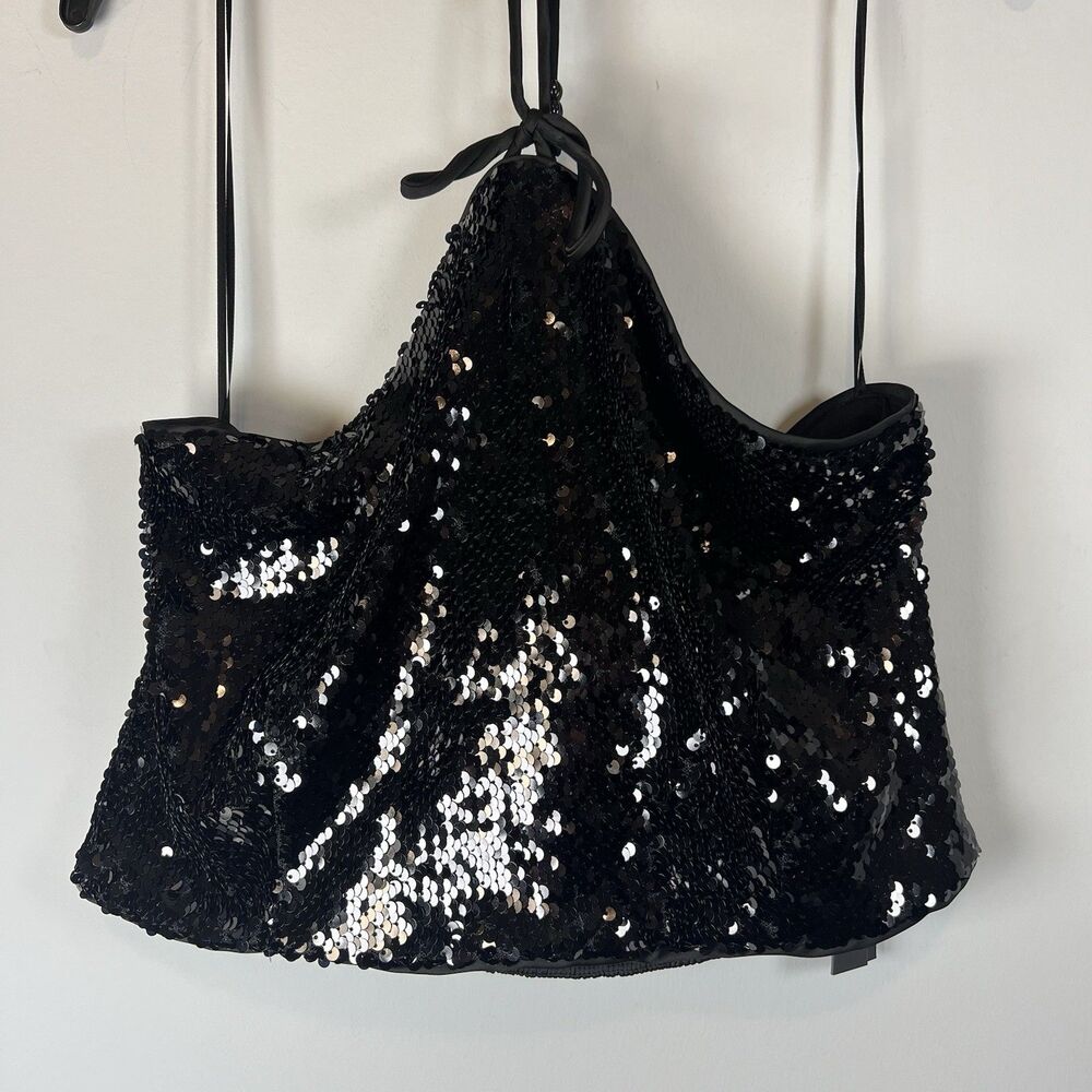 House‎ of Harlow Halter Top 1960 Womens Cropped Sequin Design Black, Med NWT